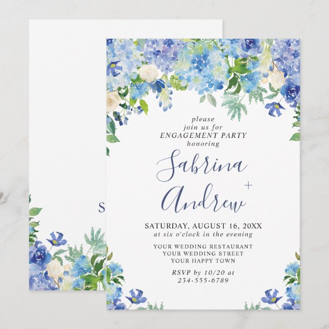 Elegant Blue Hydrangea Floral ENGAGEMENT PARTY Invitation (Front/Back)
