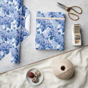 Elegant Blue Hydrangea Floral Pattern Wrapping Paper