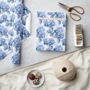 Elegant Blue Hydrangea Floral Pattern Wrapping Paper
