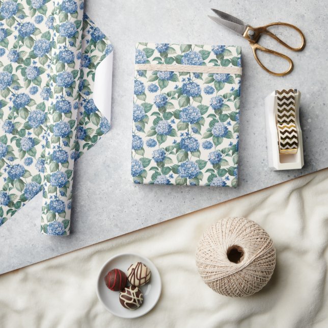 Elegant Blue Hydrangea Floral Pattern Wrapping Paper (Crafts)