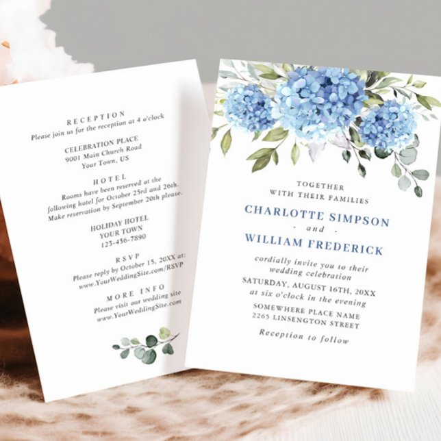Elegant Blue Hydrangea Floral Wedding All In One Invitation (Creator Uploaded)