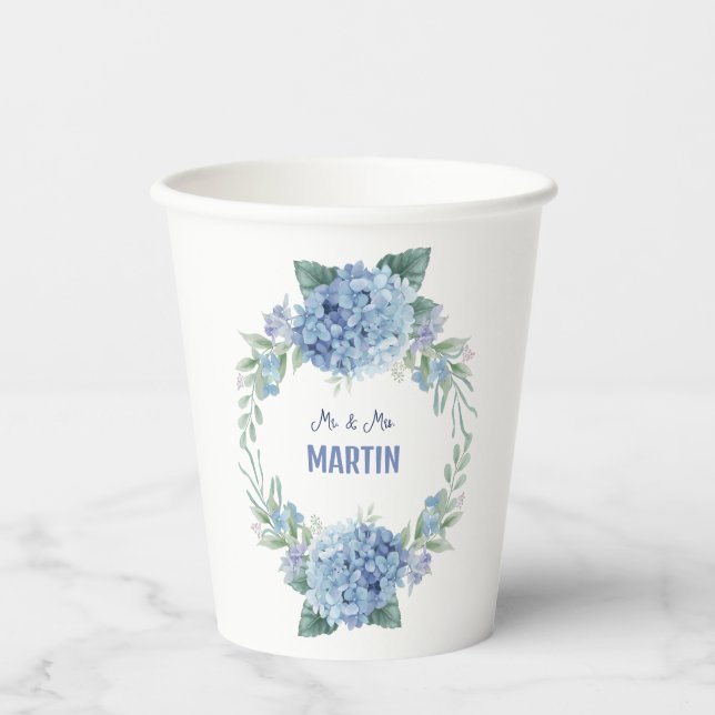 Elegant Blue Hydrangea Floral Wedding Paper Cups (Front)