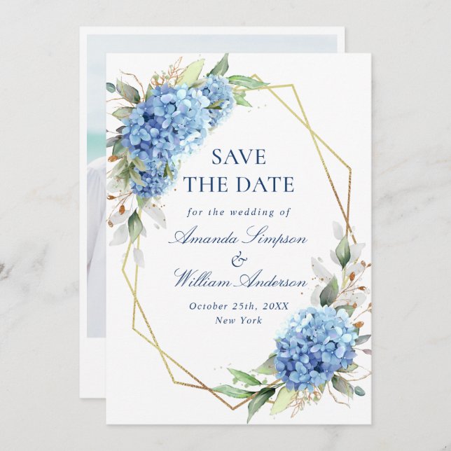 Elegant Blue Hydrangea Floral Wedding Photo Save The Date (Front/Back)