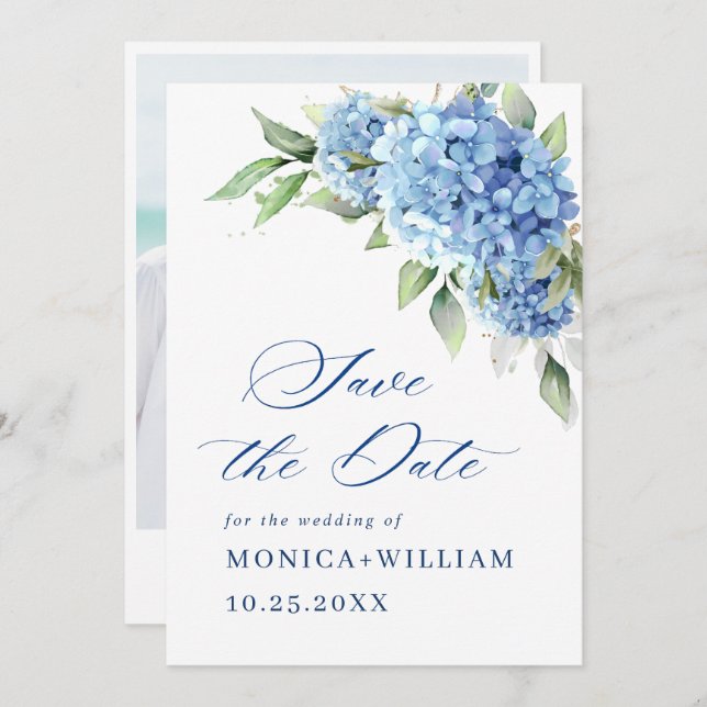 Elegant Blue Hydrangea Floral Wedding Photo Save The Date (Front/Back)