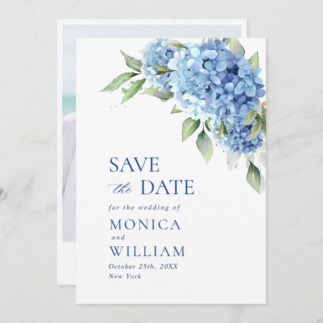 Elegant Blue Hydrangea Floral Wedding Photo Save The Date (Front/Back)
