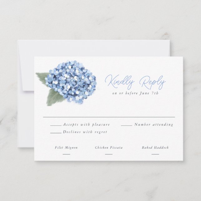 Elegant Blue Hydrangea Floral Wedding RSVP card (Front)