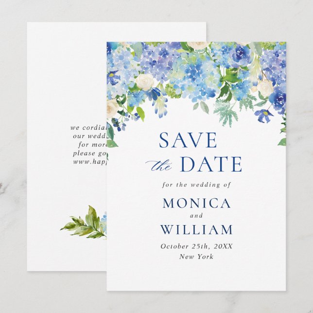 Elegant Blue Hydrangea Floral Wedding Save The Date (Front/Back)