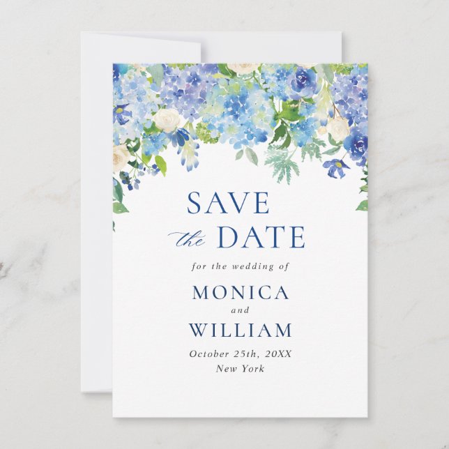 Elegant Blue Hydrangea Floral Wedding Save The Date (Front)