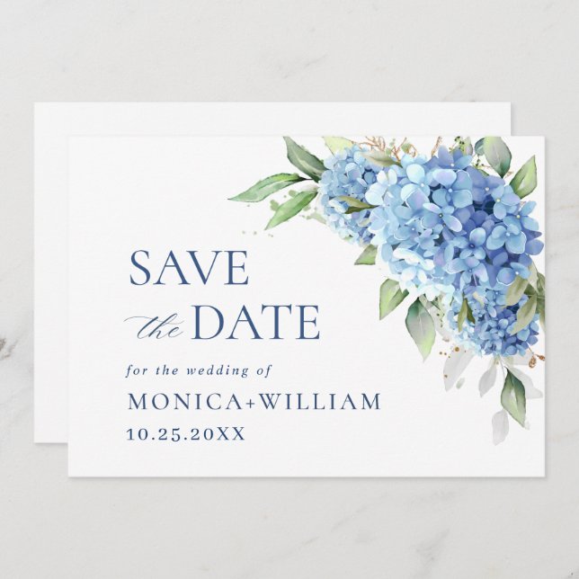 Elegant Blue Hydrangea Floral Wedding Save The Date (Front/Back)