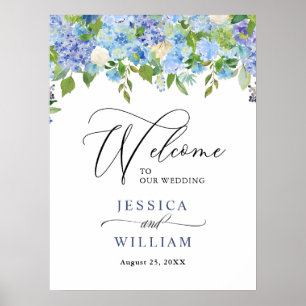 Elegant Blue Hydrangea Floral Wedding Welcome Sign