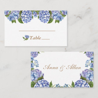 Elegant Blue Hydrangea Floral White Wedding Place Card