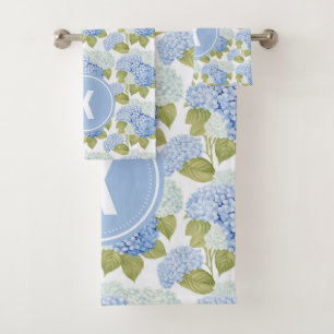 Elegant Blue Hydrangea Flowers Pattern Monogram Bath Towel Set