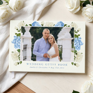 Elegant Blue Hydrangea Flowers White Roses Wedding Guest Book