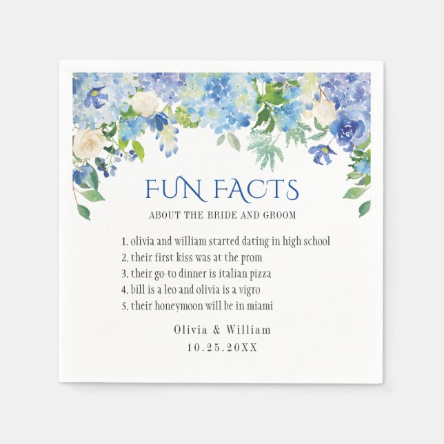 Elegant Blue Hydrangea Fun Facts Wedding Napkin (Front)