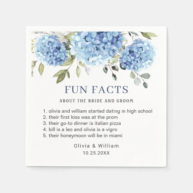 Elegant Blue Hydrangea Fun Facts Wedding Napkin (Front)