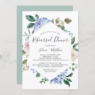 Elegant Blue Hydrangea Geometric Rehearsal Dinner Invitation