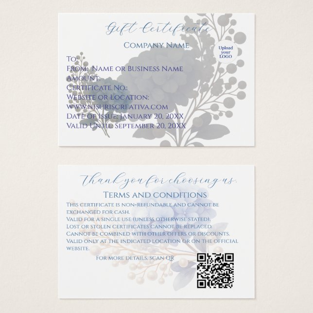 Elegant Blue Hydrangea Gift Card Customer Voucher (Front & Back)