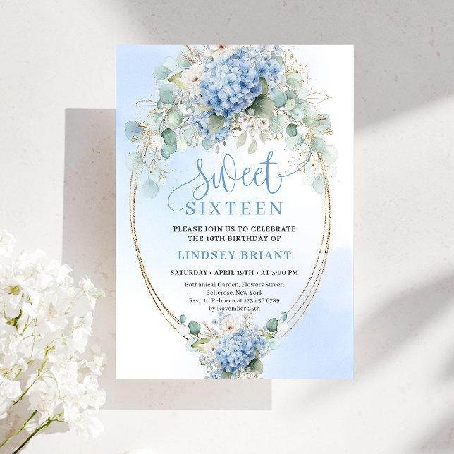 Elegant Blue Hydrangea Gold Script 16th Birthday Invitation (Elegant Blue Hydrangea Gold Script 16th Birthday Invitation)