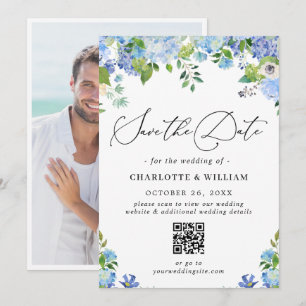 Elegant Blue Hydrangea Greenery Photo Wedding QR Save The Date
