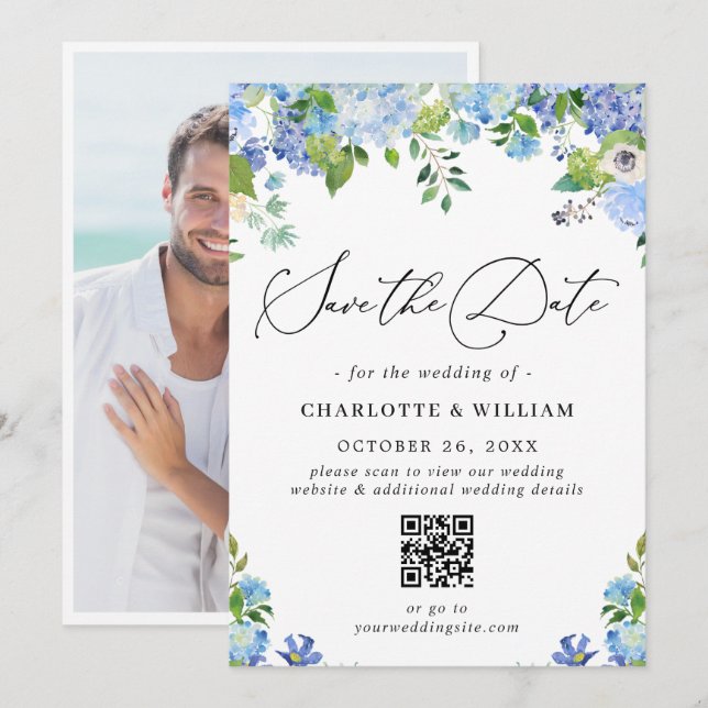 Elegant Blue Hydrangea Greenery Photo Wedding QR Save The Date (Front/Back)