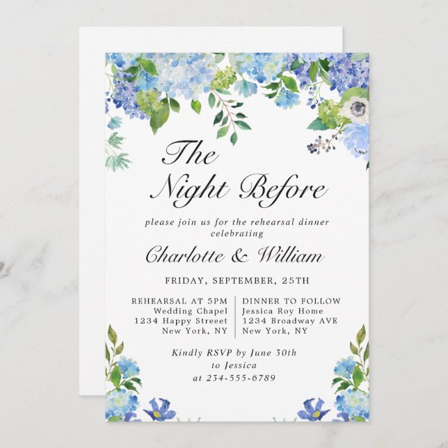Elegant Blue Hydrangea Greenery Rehearsal Dinner Invitation (Front/Back)