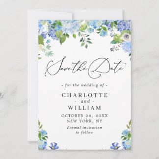 Elegant Blue Hydrangea Greenery Wedding QR Save The Date