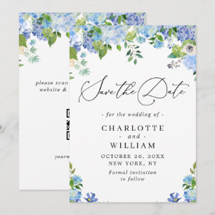 Elegant Blue Hydrangea Greenery Wedding QR Save The Date