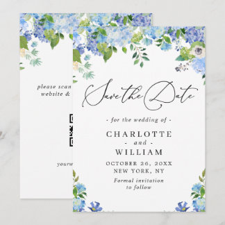 Elegant Blue Hydrangea Greenery Wedding QR Save The Date