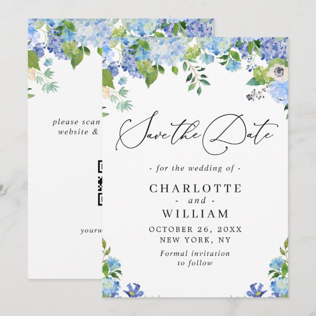 Elegant Blue Hydrangea Greenery Wedding QR Save The Date (Front/Back)