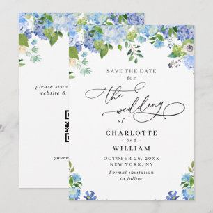 Elegant Blue Hydrangea Greenery Wedding QR Save The Date