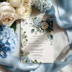 Elegant Blue Hydrangea Ivory Rose Floral Wedding Invitation