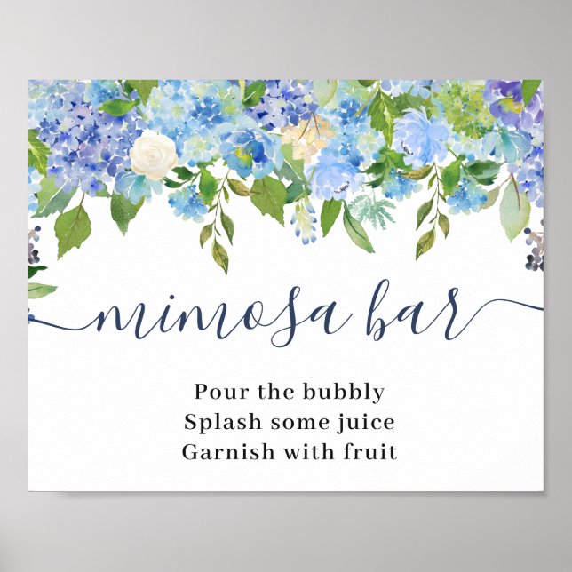 Elegant Blue Hydrangea Mimosa Bar Wedding Sign (Front)