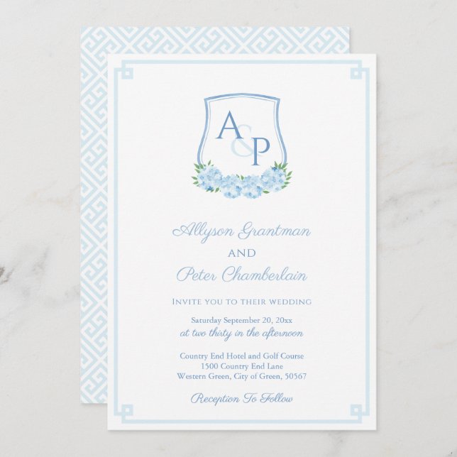 Elegant Blue Hydrangea Monogram Crest Wedding Invitation (Front/Back)