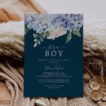 Elegant Blue Hydrangea Navy It's A Boy Baby Shower Invitation<br><div class="desc">This elegant blue hydrangea navy it's a boy baby shower invitation is perfect for a spring or summer boys baby shower. The classic floral design features soft powder blue watercolor hydrangeas accented with neutral blush pink flowers and green leaves.</div>