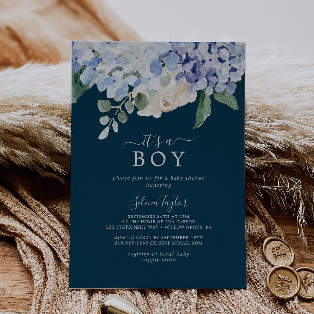 Elegant Blue Hydrangea Navy It's A Boy Baby Shower Invitation (Creator Uploaded)