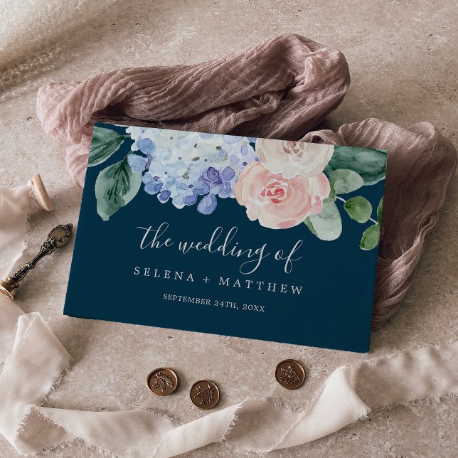 Elegant Blue Hydrangea Navy Monogram Back Wedding Guest Book (Creator Uploaded)