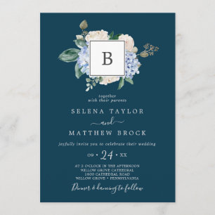 Elegant Blue Hydrangea   Navy Monogram Wedding Invitation