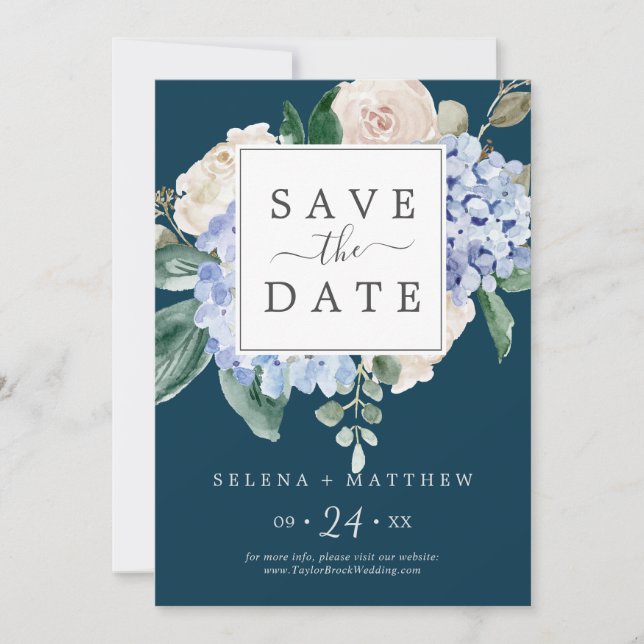 Elegant Blue Hydrangea | Navy Save the Date Card (Front)