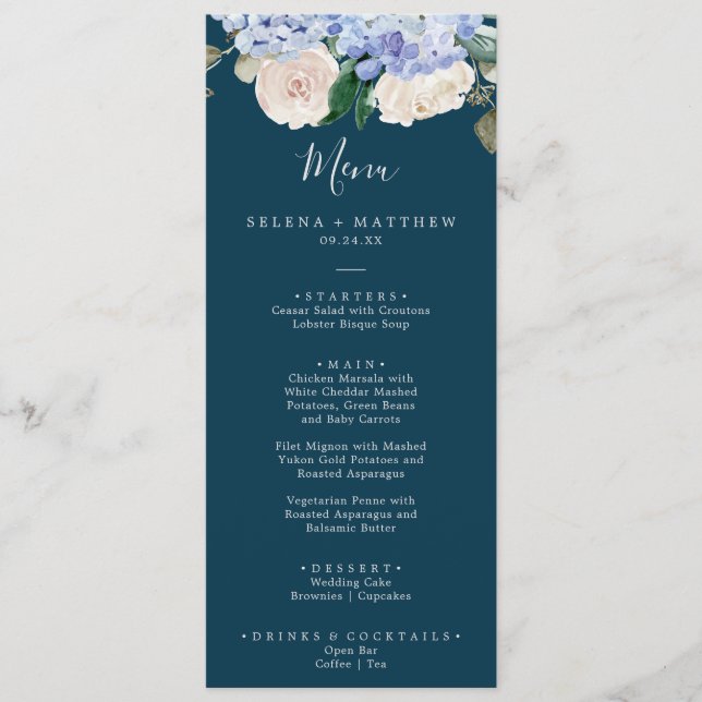 Elegant Blue Hydrangea | Navy Wedding Dinner Menu (Front)
