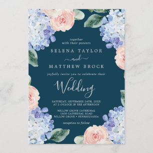 Elegant Blue Hydrangea Navy Wedding Invitation