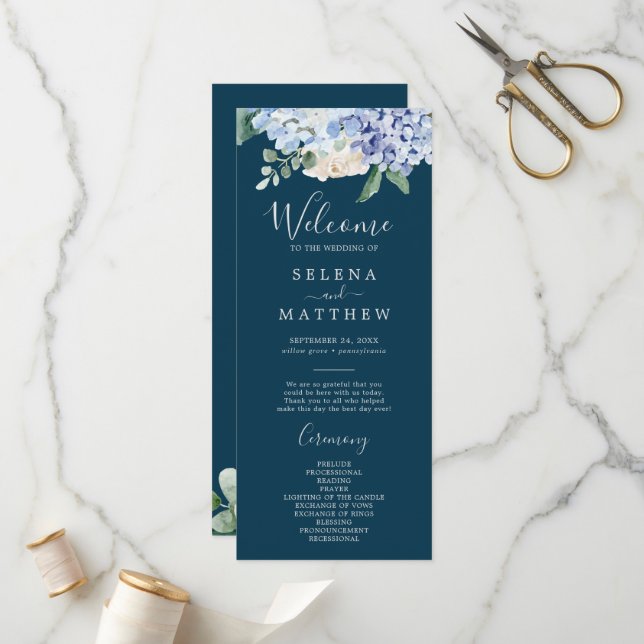 Elegant Blue Hydrangea | Navy Wedding Program (Front/Back In Situ)
