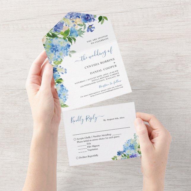 Elegant Blue Hydrangea Pastel Floral Wedding All In One Invitation (Tearaway)