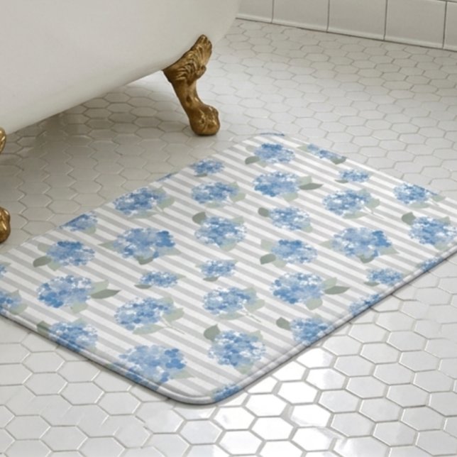 Elegant Blue Hydrangea Pattern Gray Stripe  Bath Mat (Creator Uploaded)