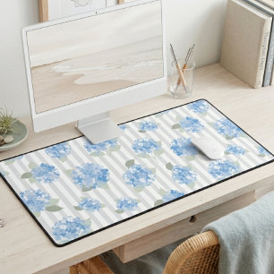 Elegant Blue Hydrangea Pattern Gray Stripe  Desk Mat