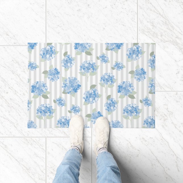 Elegant Blue Hydrangea Pattern Gray Stripe  Doormat (Indoor)
