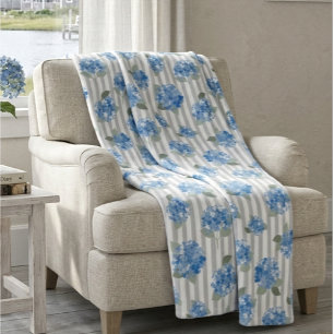 Elegant Blue Hydrangea Pattern Gray Stripe  Fleece Blanket