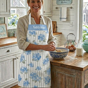 Elegant Blue Hydrangea Pattern Gray Stripe Name Apron