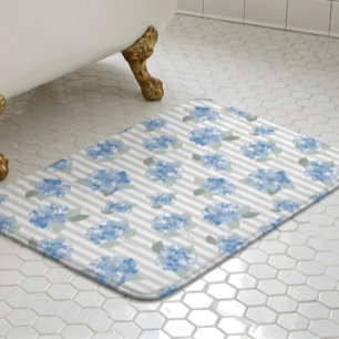 Elegant Blue Hydrangea Pattern Grey Stripe  Bath Mat