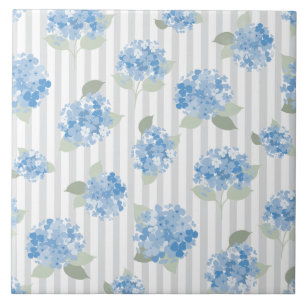 Elegant Blue Hydrangea Pattern Grey Stripe  Ceramic Tile