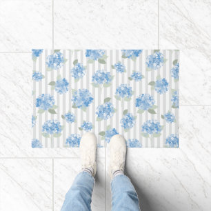 Elegant Blue Hydrangea Pattern Grey Stripe  Doormat